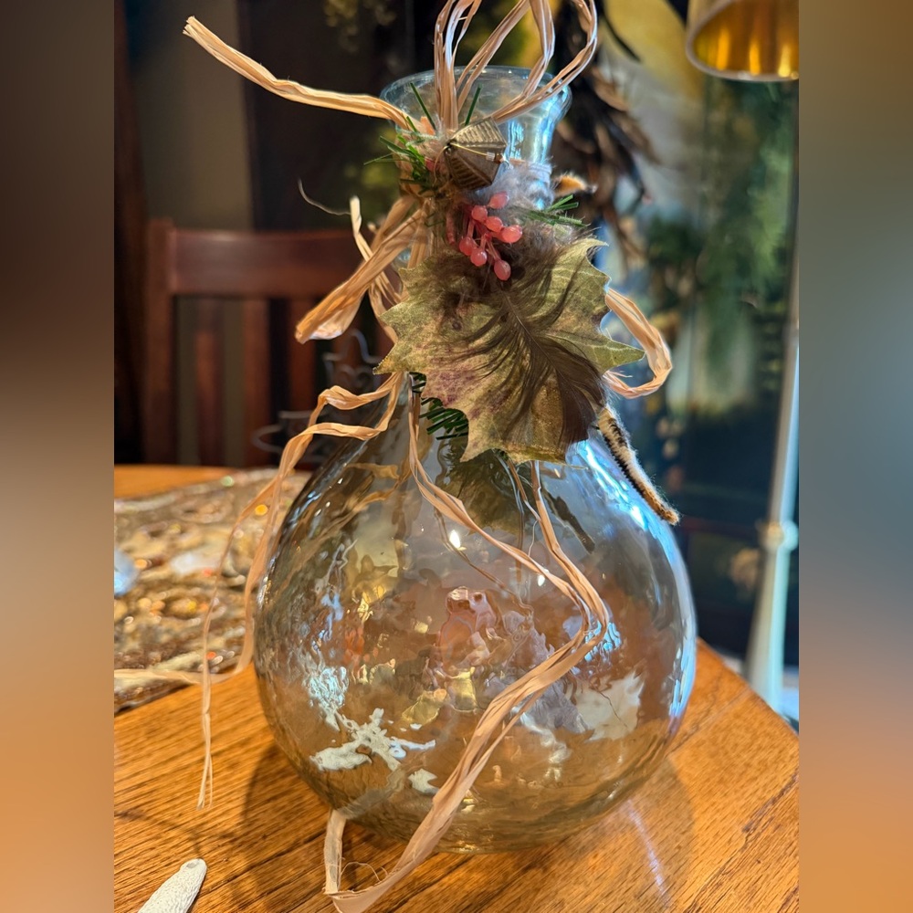 Rustic Brown Glass Vase with Leaf Accents 10” High